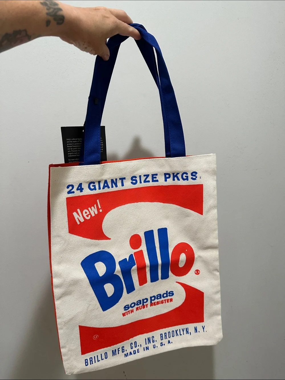 Brillo Graphic Canvas Messenger Tote in White with Blue Handles
